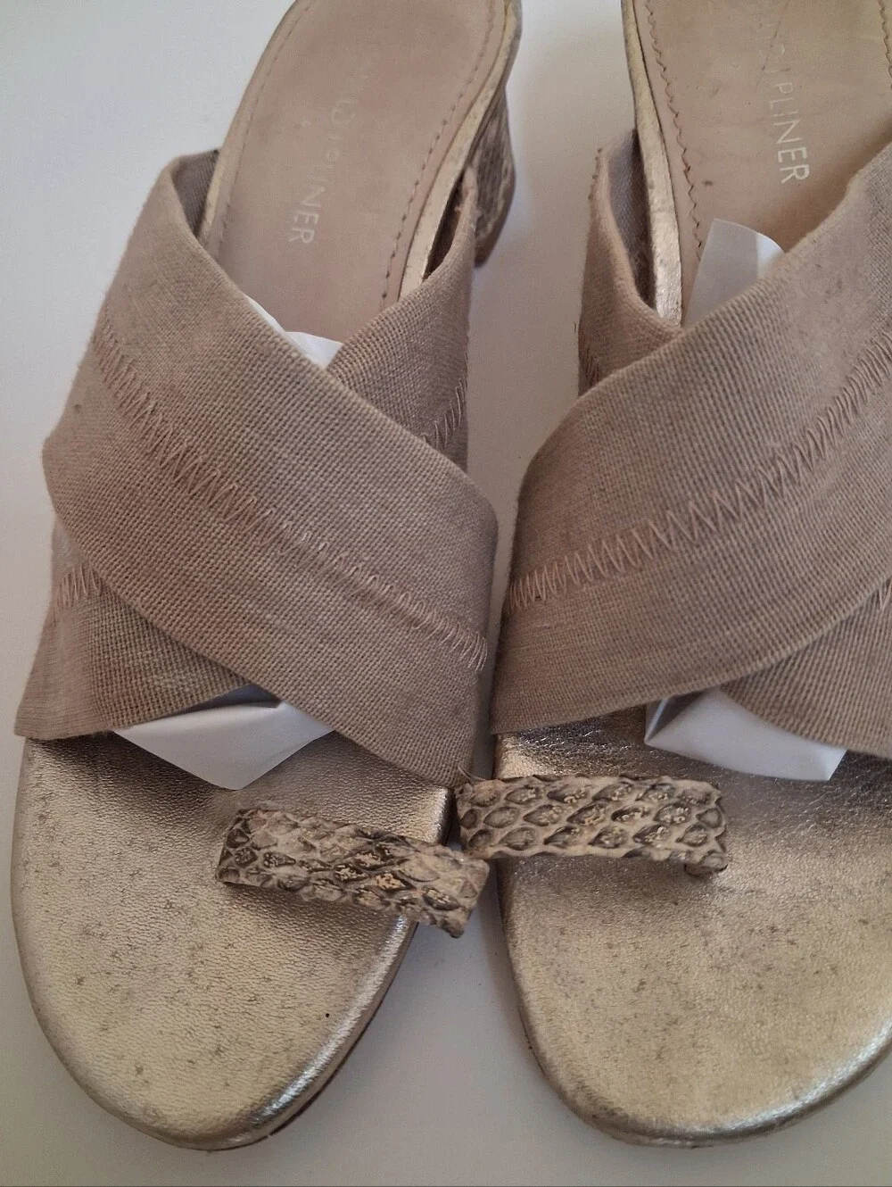 Donald J. Pliner Beige Stretch Slide Sandals Snake Print Block Heel Size 7